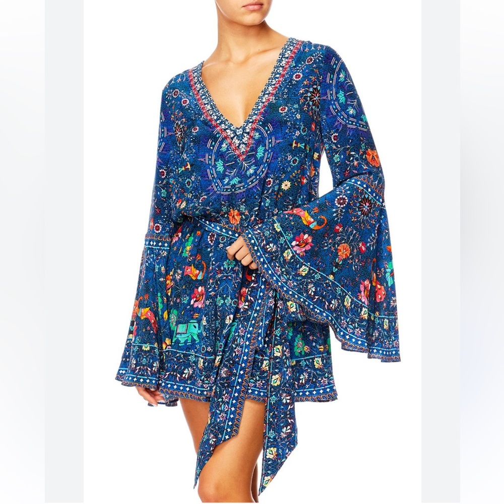 CAMILLA Wide Sleeve 100% Silk Playsuit Kindness Kaleidoscope Blue Floral Print 6
